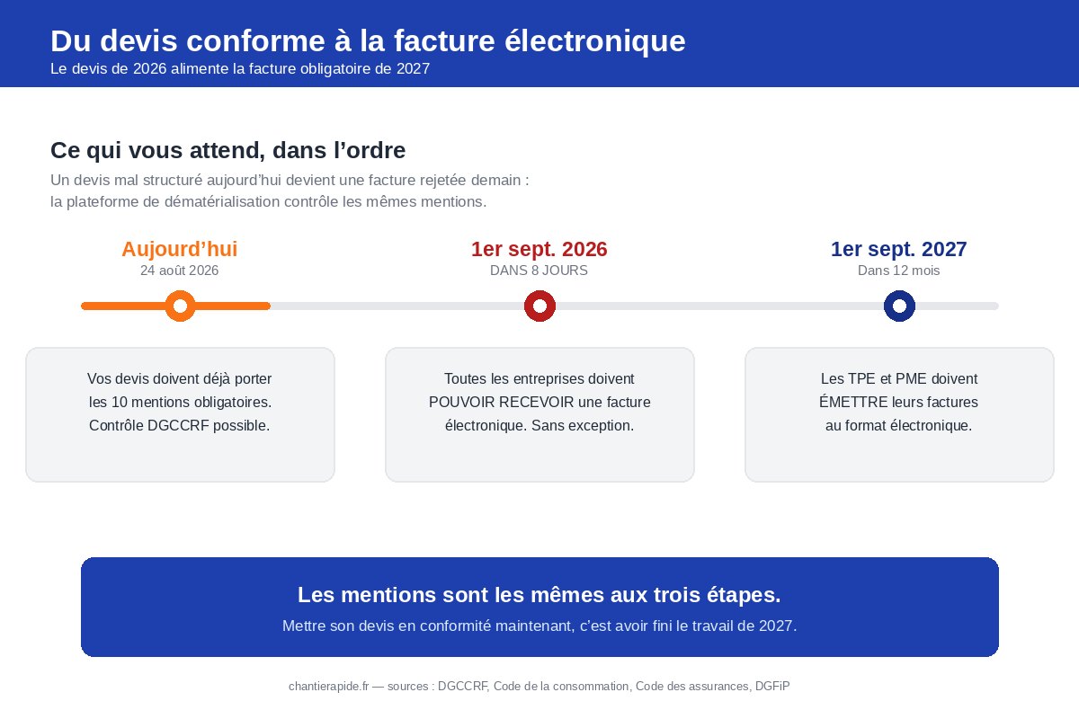 Frise chronologique de la facturation électronique : aujourd'hui les dix mentions obligatoires sur le devis, au 1er septembre 2026 la réception obligatoire des factures électroniques pour toutes les entreprises, au 1er septembre 2027 l'émission obligatoire pour les TPE et PME.