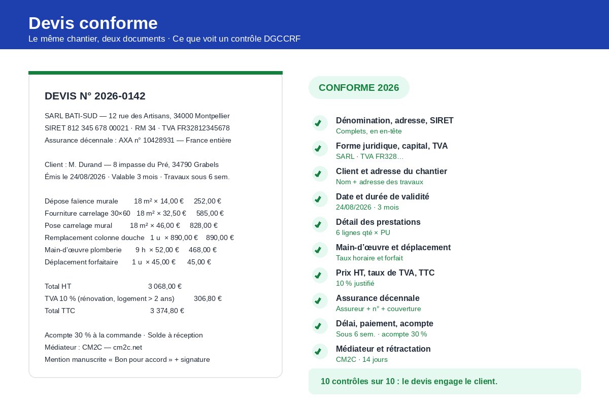 Le même devis, cette fois conforme : SIRET, TVA, assurance décennale, six lignes détaillées avec quantités et prix unitaires, total HT, TVA 10 % et total TTC, validité et modalités de paiement — les dix contrôles réglementaires validés.