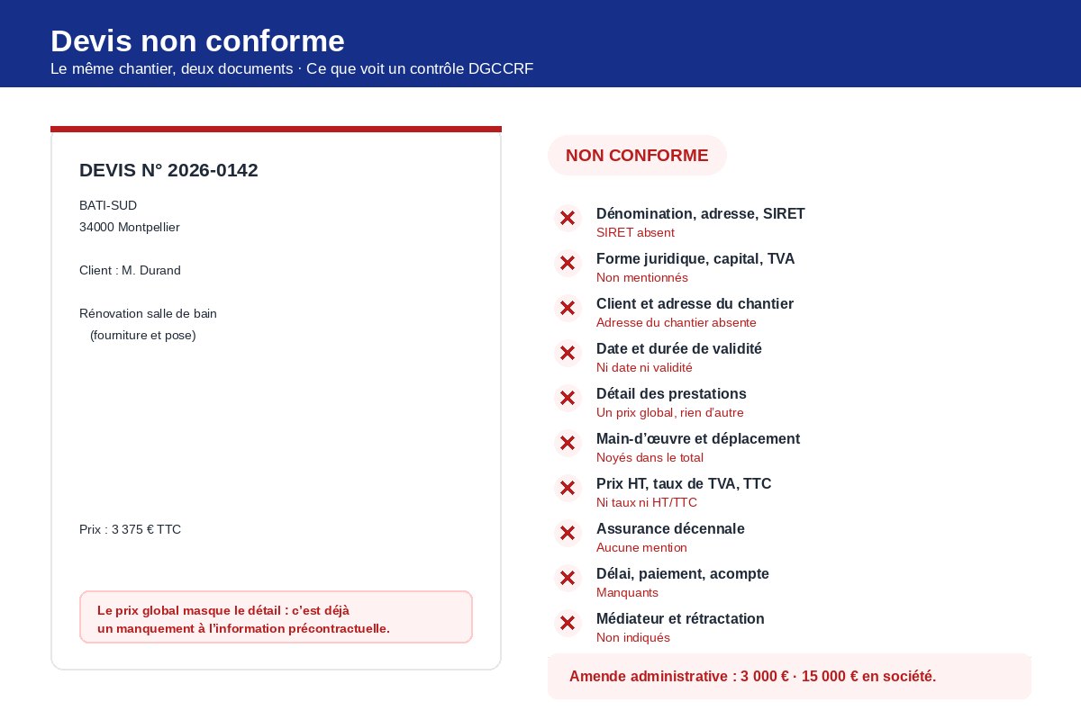 Devis d'artisan non conforme : un prix global de 3 375 € sans SIRET, sans taux de TVA, sans mention d'assurance décennale ni durée de validité, avec les dix contrôles réglementaires signalés en échec.